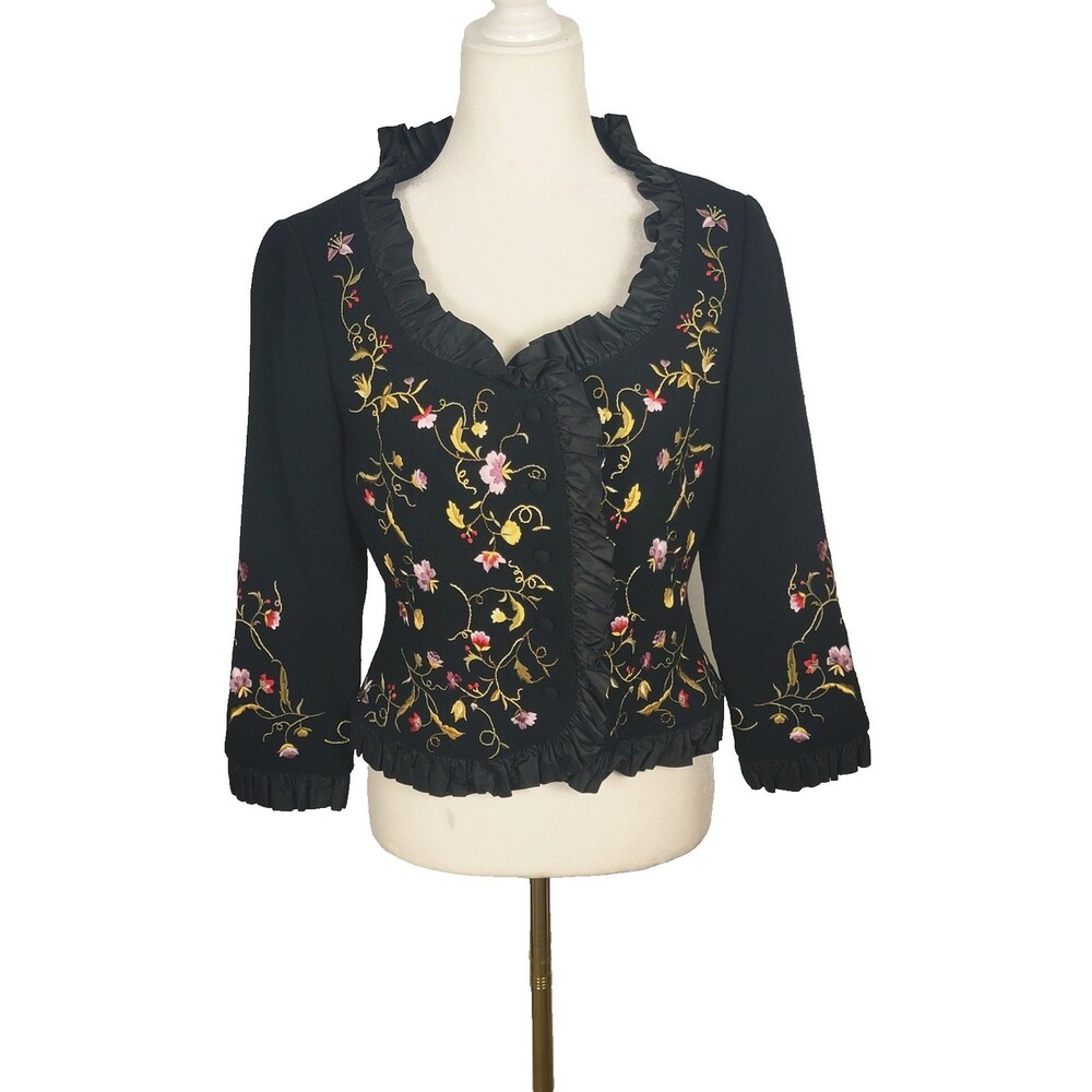 Rickie Freeman for Teri Jon Jacket Sz 6 Black Floral Embroidered Vtg Wool